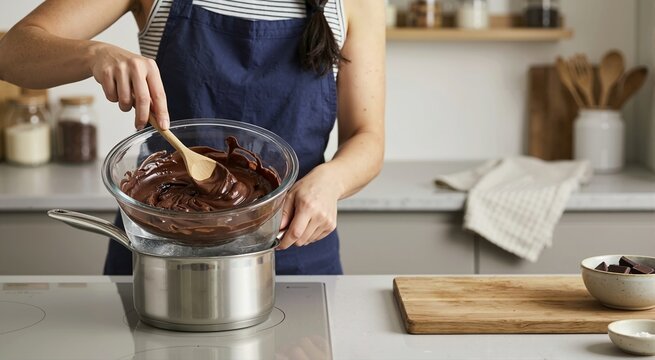Woman stirring melting dark chocolate in a glass bowl over a double boiler. Home kitchen baking and dessert preparation