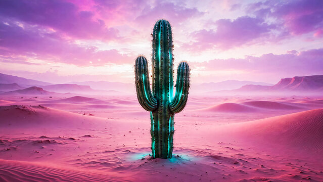 Cactus lumineux dans un desert rose
