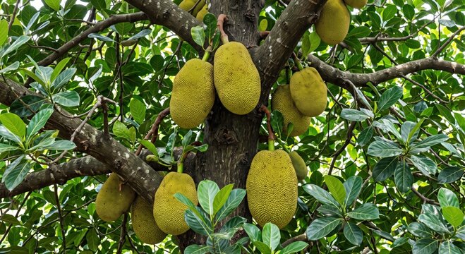 Multiple large, bumpy, yellow-green jackfruit hanging from the thick, textured branches of a tree surrounded by dense, glossy green leaves in an orchard setting