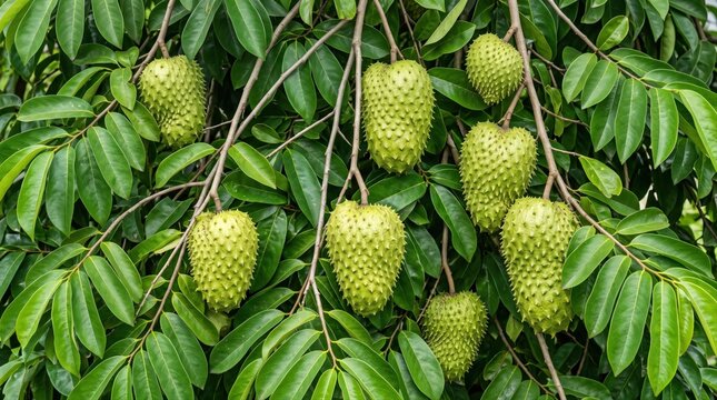 Close-up of several spiky, green soursop fruits hanging from the branches of a lush tree, surrounded by dense, vibrant green oval-shaped leaves in a tropical garden setting