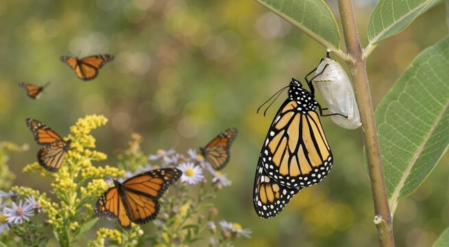 Monarch butterfly emerging from chrysalis on a green stem. Flying butterflies and yellow flowers in blurred background. Insect life cycle and migration concept