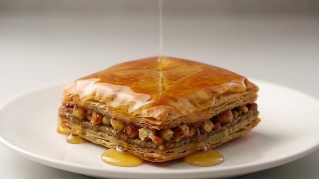 Close-up of a square baklava pastry being drizzled with golden syrup on a white plate