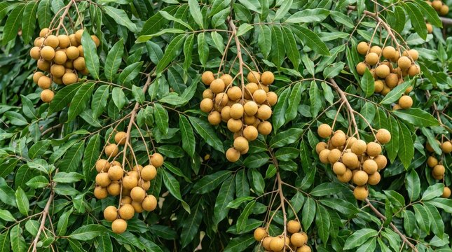 Clusters of ripe brown longan fruits hanging from branches with green pinnate leaves on a tree, showing the natural growth of tropical fruit in an orchard setting