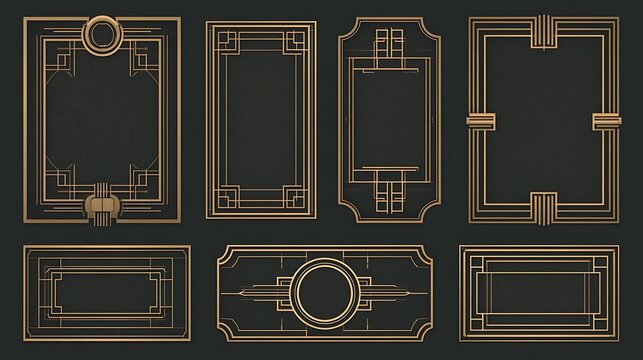 Set of art deco golden frames on black background. Perfect for elegant invitations and vintage luxury design projects.