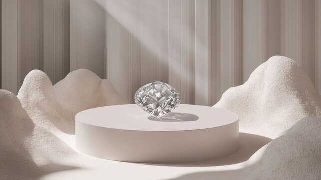 Sparkling diamond on a minimalist white pedestal, surrounded by soft, textured clouds.