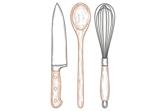 Set of hand drawn kitchen utensils including a chef knife, wooden spoon and wire whisk for baking