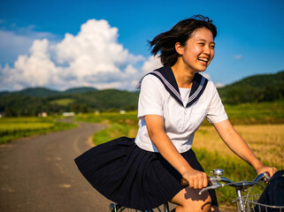 Obraz premium Cheerful Japanese schoolgirl in sailor uniform cycles joyously down rural paved country road beneath big fluffy summer clouds, green rice fields and rolling hills stretching into distance.