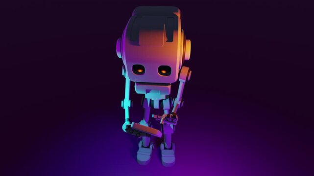 Compact artificial intelligence android interacting with a mobile digital device. Cybernetic robot examining telemetric data, wireless connectivity, and autonomous mobile interface.