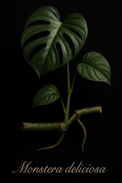 Botanical plate of Monstera deliciosa combining stem, node, aerial root, and full leaf detail