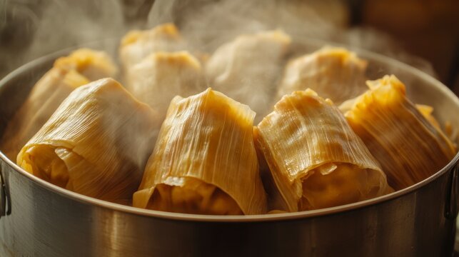 Steaming tamales in a pot, close-up view showing corn husks and steam.