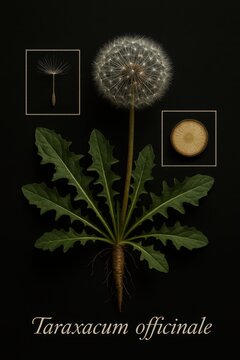 Encyclopedic composition of common dandelion featuring seed sphere, deep taproot, and floating achene