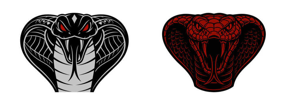 Fierce cobra head emblem with red eyes black and white design vector illustration.