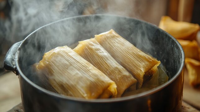 Steaming tamales in a pot, traditional Mexican food.