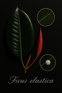 Elegant portrait of Ficus elastica tracing leaf development from crimson bud to glossy maturity