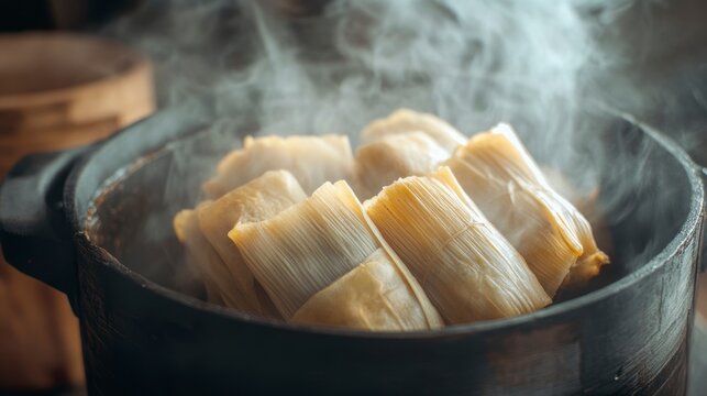 Steaming tamales in a rustic pot, close-up view.