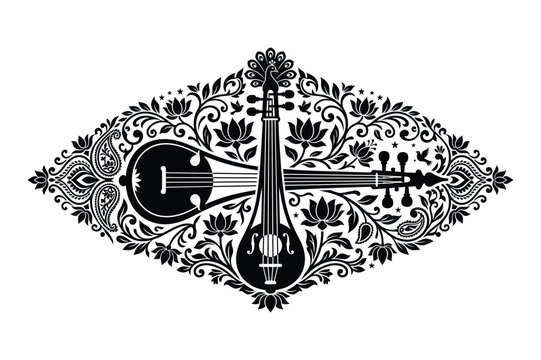 Classical string musical instruments lute violin ornate floral decorative frame
