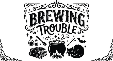 Brewing trouble halloween featuring a bubbling cauldron, spell books, magic wand, black cat, and bat on a white background © Lutfar_Rahman