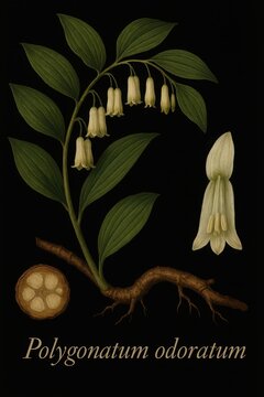 Scientific collage displaying Polygonatum odoratum angular Solomon seal with detailed bell shaped flowers
