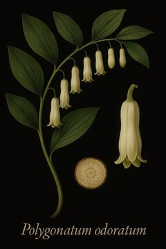 Vintage encyclopedic plant plate featuring Polygonatum odoratum floral structures and rhizome anatomy