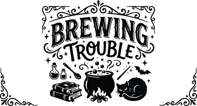 Brewing trouble halloween featuring a bubbling cauldron, spell books, magic wand, black cat, and bat on a white background