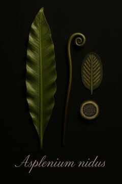 Detailed study of birds nest fern featuring frond fiddlehead sori and stem cross section