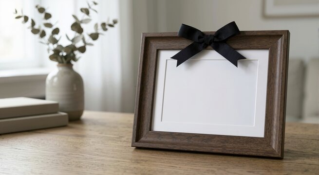 Empty wooden photo frame with a black mourning ribbon. Blank mockup template on a table with copy space for text