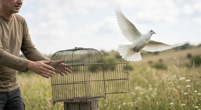 White dove flying free from an open wire cage. Man releasing a bird into nature. Freedom and World Day Against the Death Penalty concept