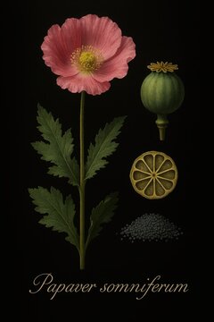 Scientific illustration of opium poppy featuring crimson flower bud seed capsule and section