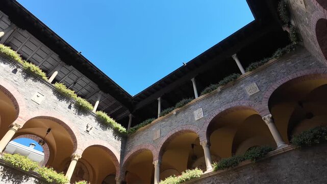 Historic arcades of Palazzo Civico town hall in Bellinzona, Switzerland. 