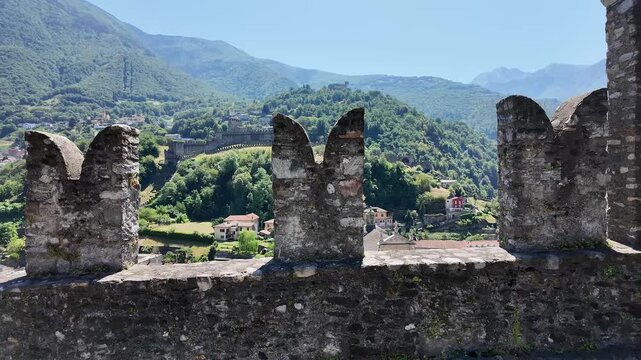 View from Castelgrande fortress over Bellinzona with Swiss Alps, Switzerland. 