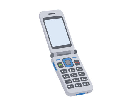 Classic grey flip mobile phone with numeric keypad and small screen flat art style.