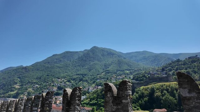 View from Castelgrande fortress over Bellinzona with Swiss Alps, Switzerland. 