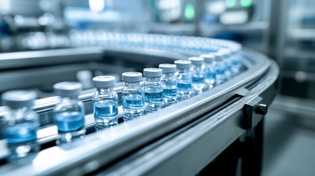 Vaccine vials move along a sterile conveyor belt in a pharmaceutical manufacturing facility.