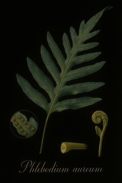 Fine art plant plate showcasing blue-green fern frond uncurling crosier sori underside and rhizome