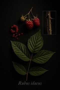 Educational plant plate showcasing red raspberry cane foliage individual drupelets and stem macro