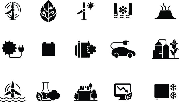 Collection Of Environmental Icons Line Art Style On A Black Background ecology environment conservation sustainable renewable energy line art outline