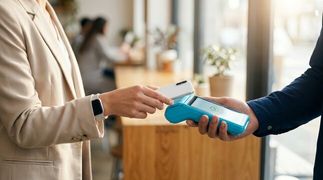Customer using a smartphone for a contactless payment via a blue POS machine in a cafe.