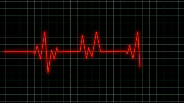 Red glowing neon heartbeat pulse animation on black screen background, ekg medical screen rhythm monitor, cardiogram line motion graphics loop for healthcare clinic presentation 4k video