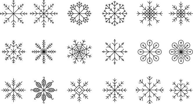 Variety of hand drawn snowflake illustrations for winter designs