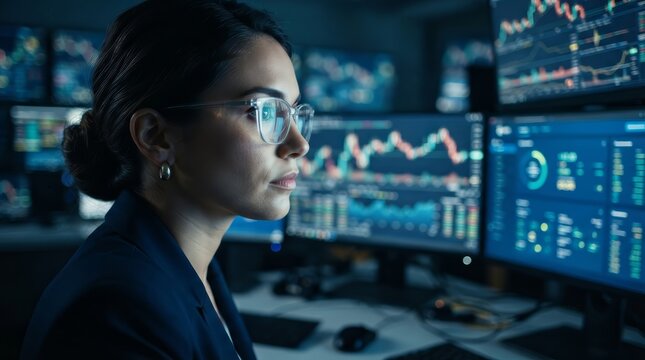 A closeup of a female trader wearing eyeglasses while working in an office at night.