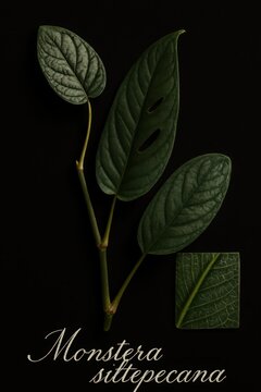 Morphological guide to monstera siltepecana featuring climbing stem fenestrations and magnified leaf vein architecture