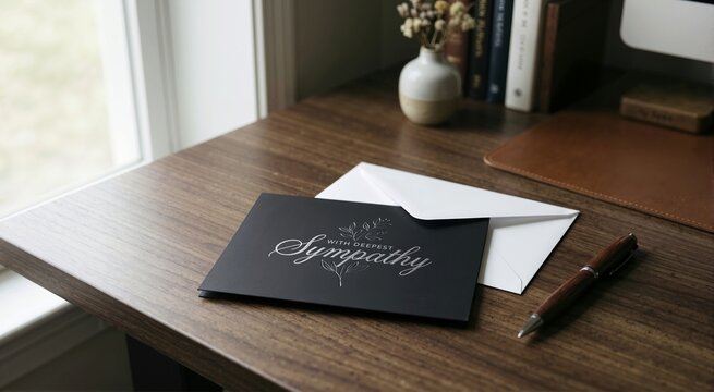 Close up of elegant black sympathy card with white envelope on wooden desk. Writing condolence message concept. Sympathy cards and tributes theme
