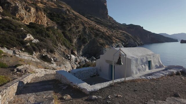 Agia Anna White Chapel at Sunrise, Amorgos Island, Greece &ndash; Stunning Aegean Sea Landscape

