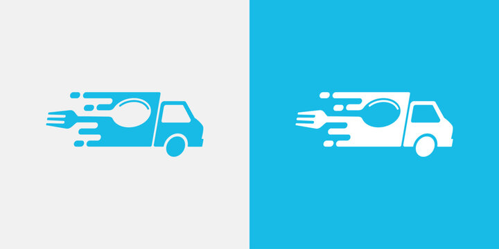 Fast food delivery truck logo on blue and white background.