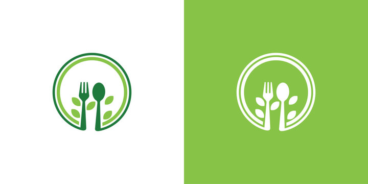 Healthy food logo with fork and spoon inside a circle.