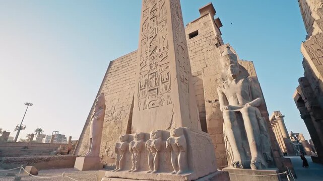 4k footage of Obelisk at the Luxor Temple in Egypt. Look of carved hieroglyphs. Big stone ancient obelisk in Egypt