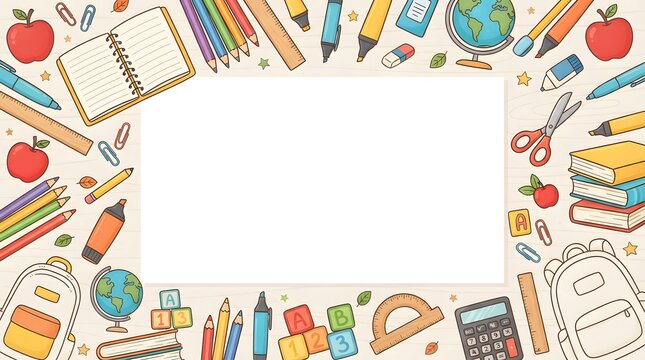 School supplies border frame with blank white space in center, featuring notebooks, pencils, books, globe, calculator, and apples on wooden background
