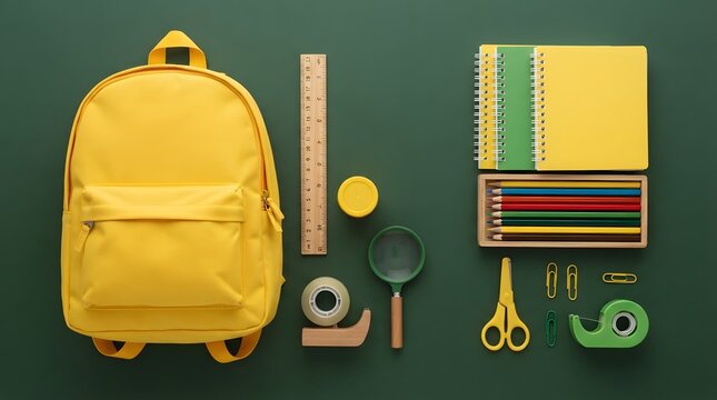Yellow backpack with school supplies on green background