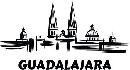 Guadalajara cathedral skyline silhouette with gothic towers and iconic domes in an artistic ink brush stroke drawing for travel tourism © Bakalia