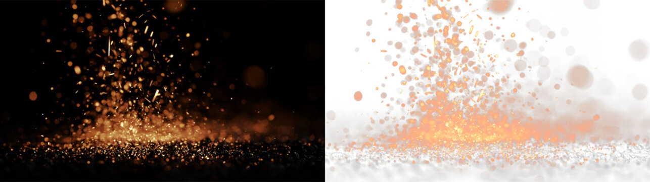 Sparks and fire particles rise from a surface in a bright display on a clear background